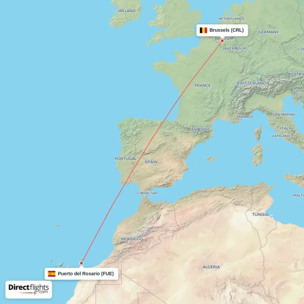 Puerto del Rosario - Brussels direct flight map
