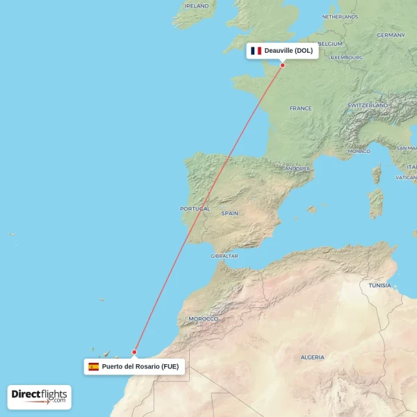 Puerto del Rosario - Deauville direct flight map