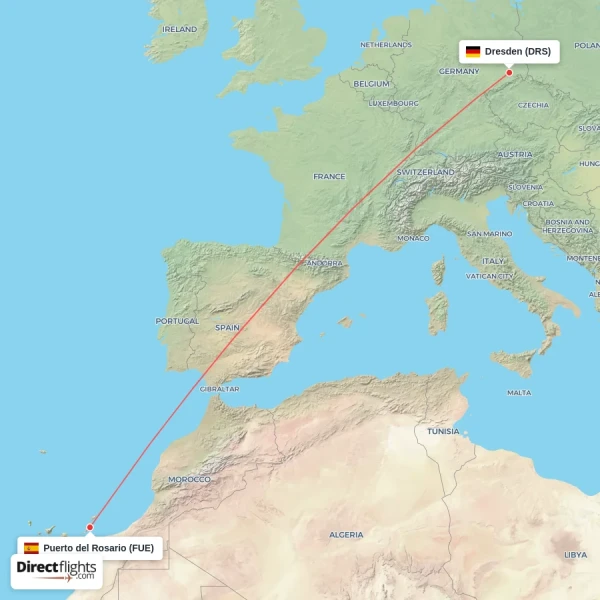 Puerto del Rosario - Dresden direct flight map
