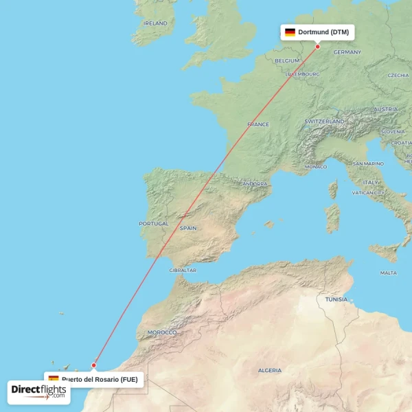 Puerto del Rosario - Dortmund direct flight map