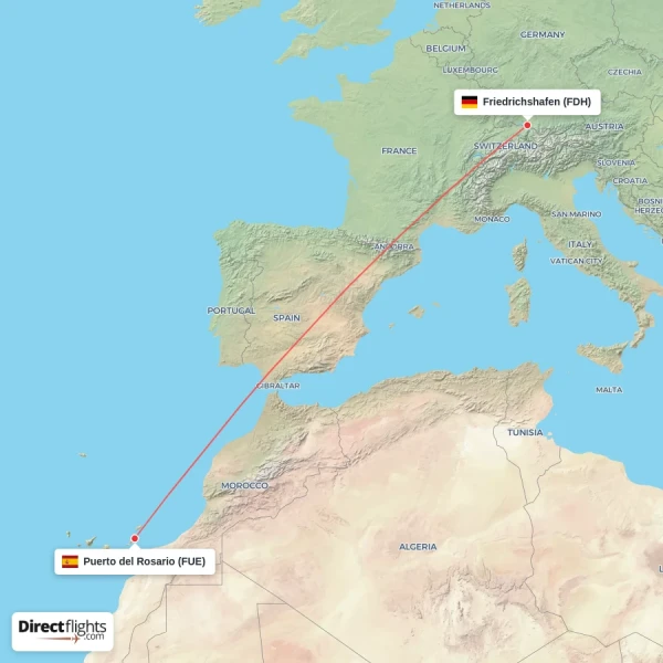 Puerto del Rosario - Friedrichshafen direct flight map
