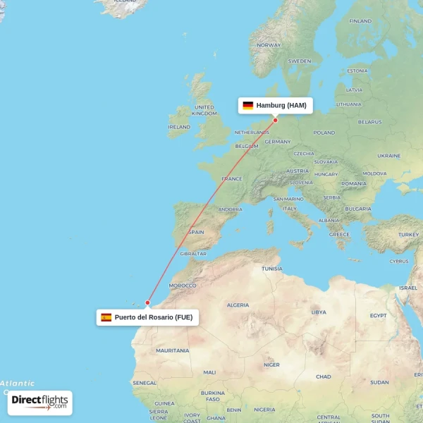 Puerto del Rosario - Hamburg direct flight map