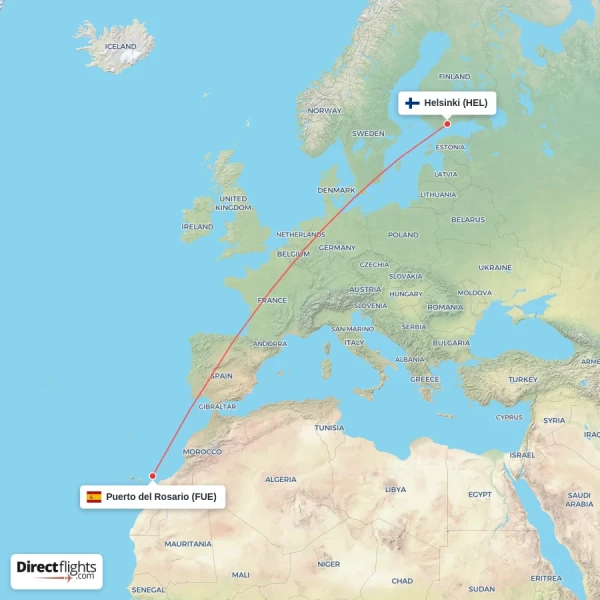 Puerto del Rosario - Helsinki direct flight map