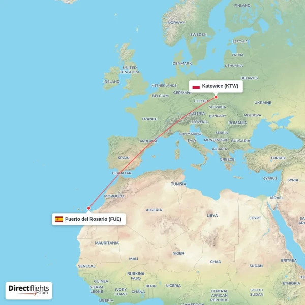 Puerto del Rosario - Katowice direct flight map