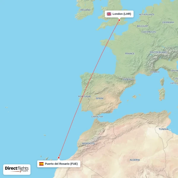 Puerto del Rosario - London direct flight map