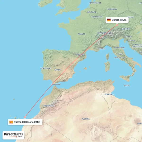Puerto del Rosario - Munich direct flight map
