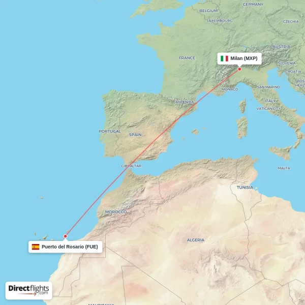 Puerto del Rosario - Milan direct flight map