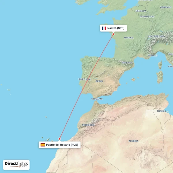 Puerto del Rosario - Nantes direct flight map