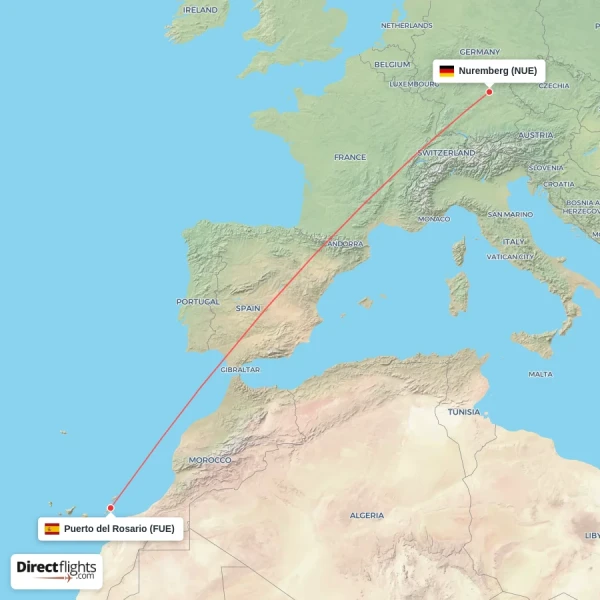 Puerto del Rosario - Nuremberg direct flight map