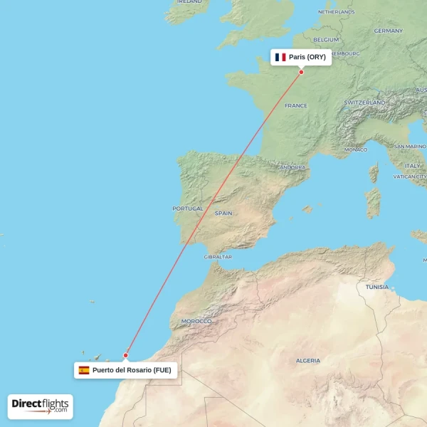 Puerto del Rosario - Paris direct flight map