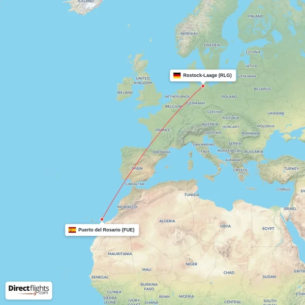 Puerto del Rosario - Rostock-Laage direct flight map