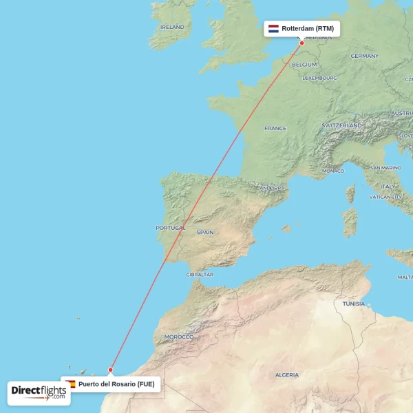 Puerto del Rosario - Rotterdam direct flight map