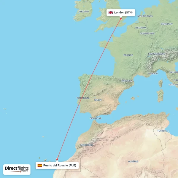 Puerto del Rosario - London direct flight map