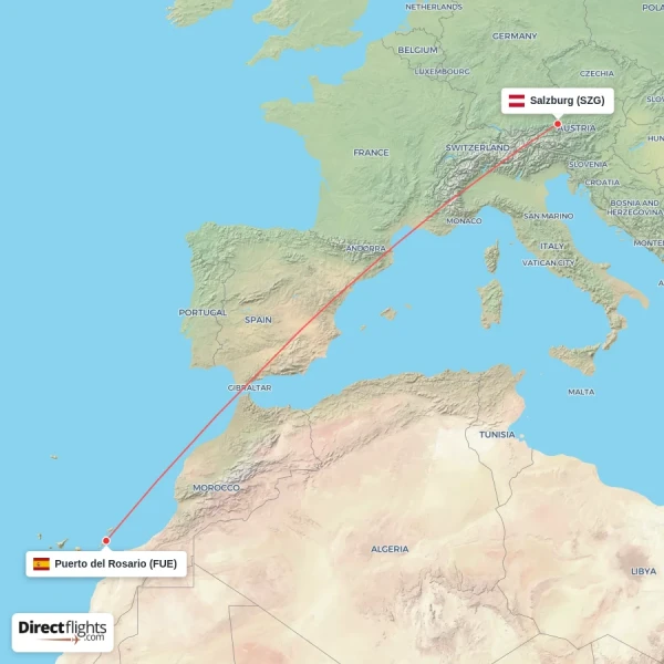 Puerto del Rosario - Salzburg direct flight map