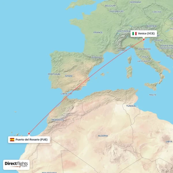 Puerto del Rosario - Venice direct flight map