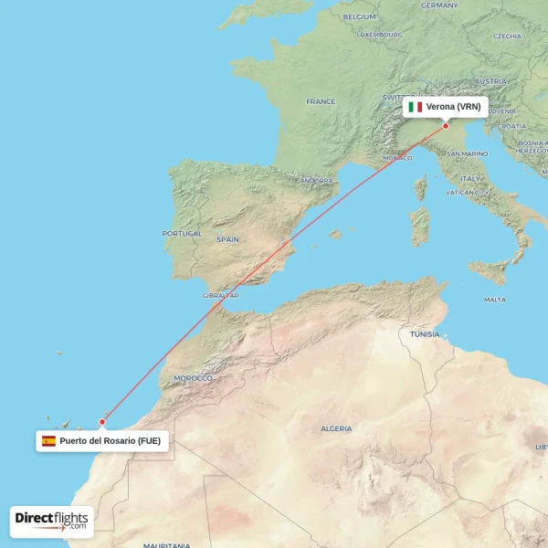 Puerto del Rosario - Verona direct flight map