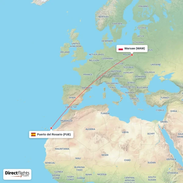 Puerto del Rosario - Warsaw direct flight map