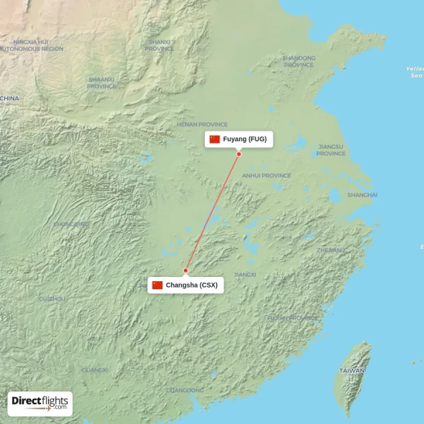 Fuyang - Changsha direct flight map
