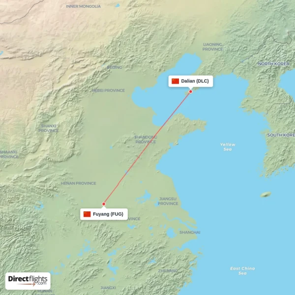 Fuyang - Dalian direct flight map