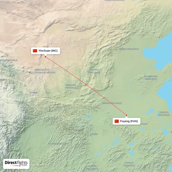 Fuyang - Yinchuan direct flight map