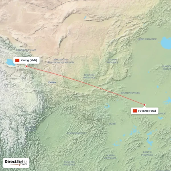 Fuyang - Xining direct flight map
