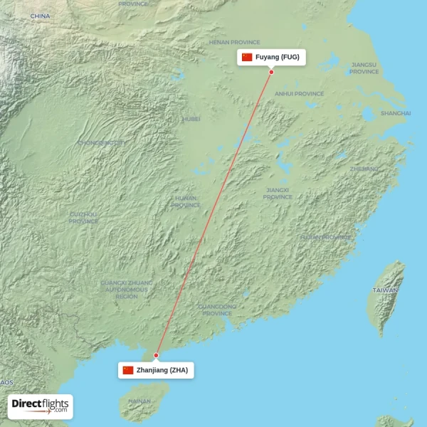 Fuyang - Zhanjiang direct flight map