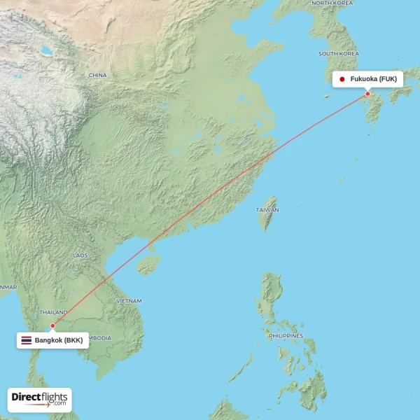 Fukuoka - Bangkok direct flight map