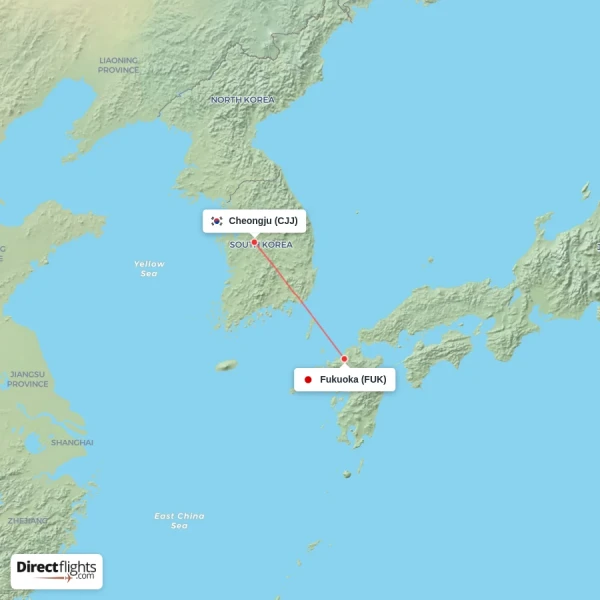 Fukuoka - Cheongju direct flight map