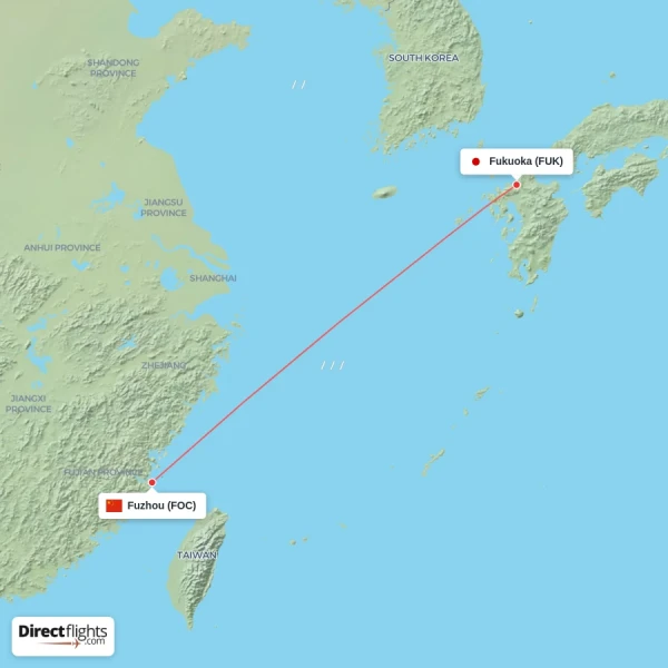 Fukuoka - Fuzhou direct flight map