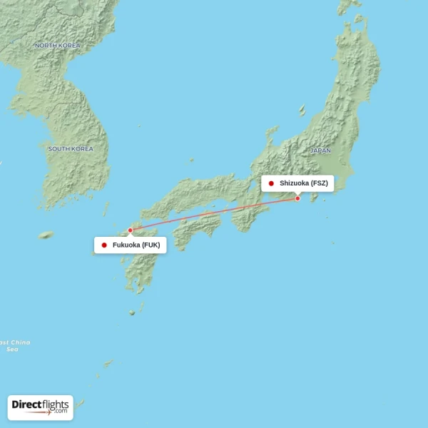 Fukuoka - Shizuoka direct flight map