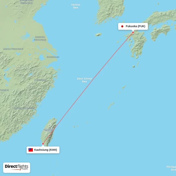 Fukuoka - Kaohsiung direct flight map