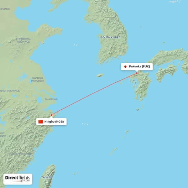 Fukuoka - Ningbo direct flight map