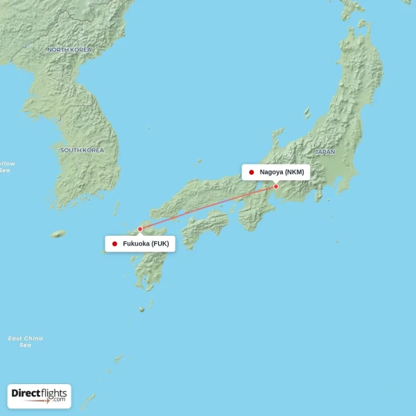 Fukuoka - Nagoya direct flight map