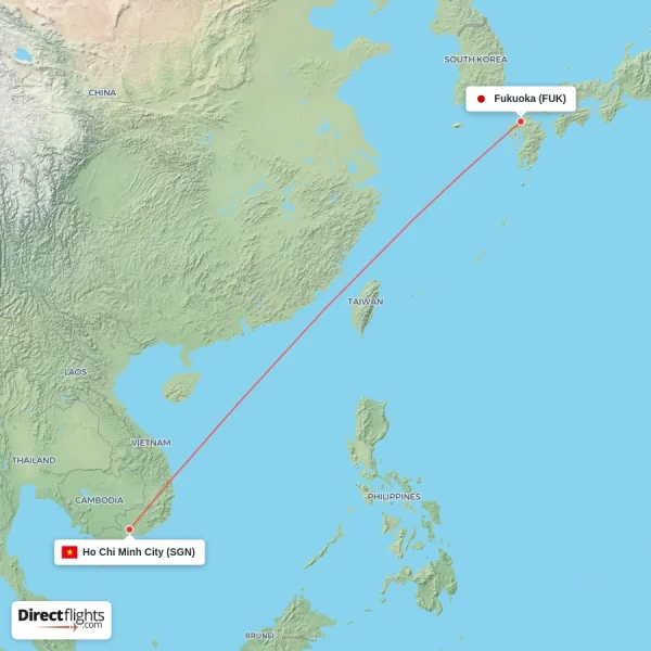 Fukuoka - Ho Chi Minh City direct flight map
