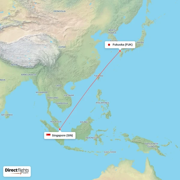 Fukuoka - Singapore direct flight map