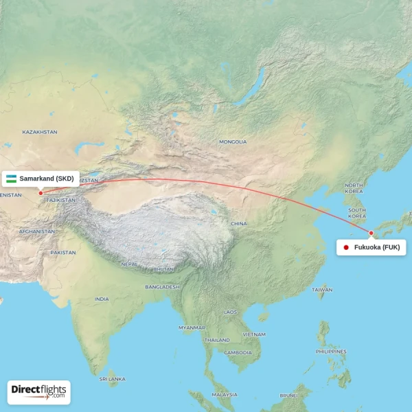 Fukuoka - Samarkand direct flight map