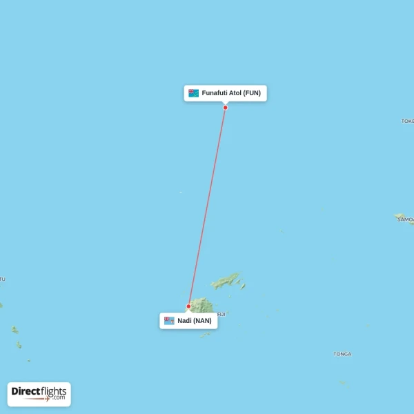 Funafuti Atol - Nadi direct flight map