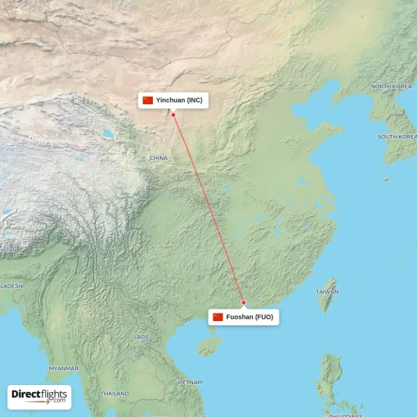 Fuoshan - Yinchuan direct flight map