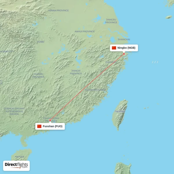 Fuoshan - Ningbo direct flight map