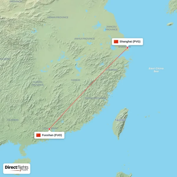 Fuoshan - Shanghai direct flight map