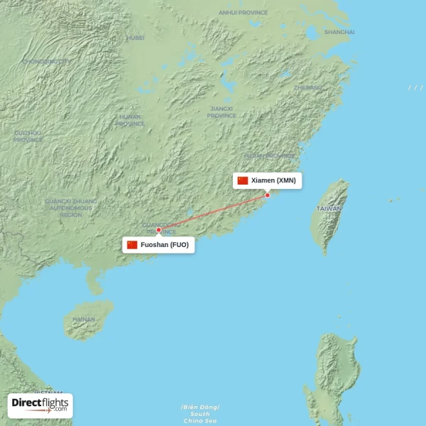 Fuoshan - Xiamen direct flight map
