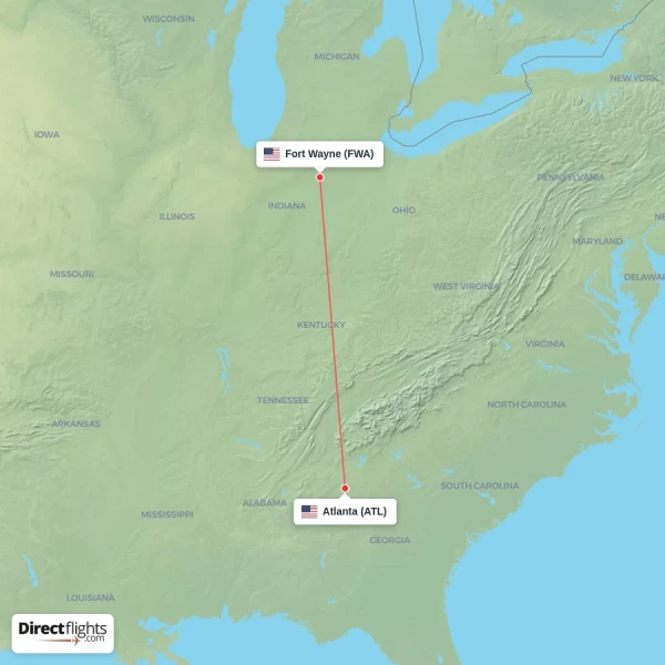 Fort Wayne - Atlanta direct flight map