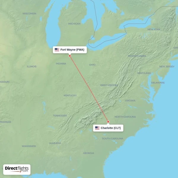 Fort Wayne - Charlotte direct flight map
