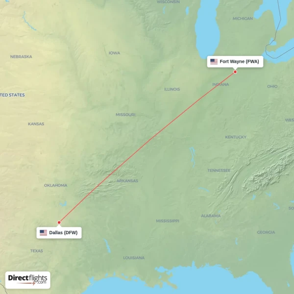 Fort Wayne - Dallas direct flight map