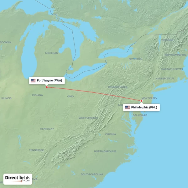 Fort Wayne - Philadelphia direct flight map