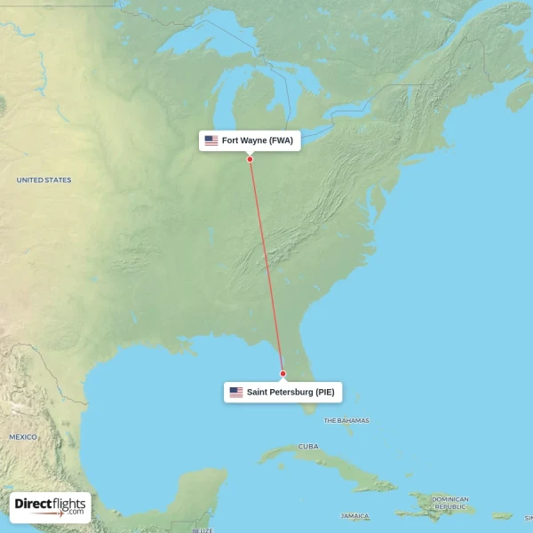Fort Wayne - Saint Petersburg direct flight map