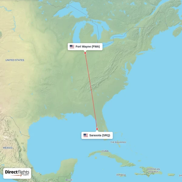 Fort Wayne - Sarasota direct flight map