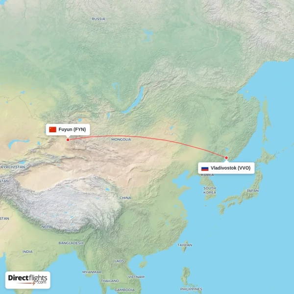 Fuyun - Vladivostok direct flight map