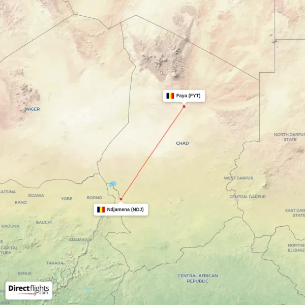Faya - Ndjamena direct flight map