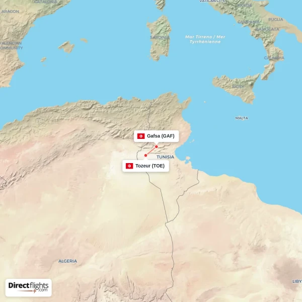 Gafsa - Tozeur direct flight map